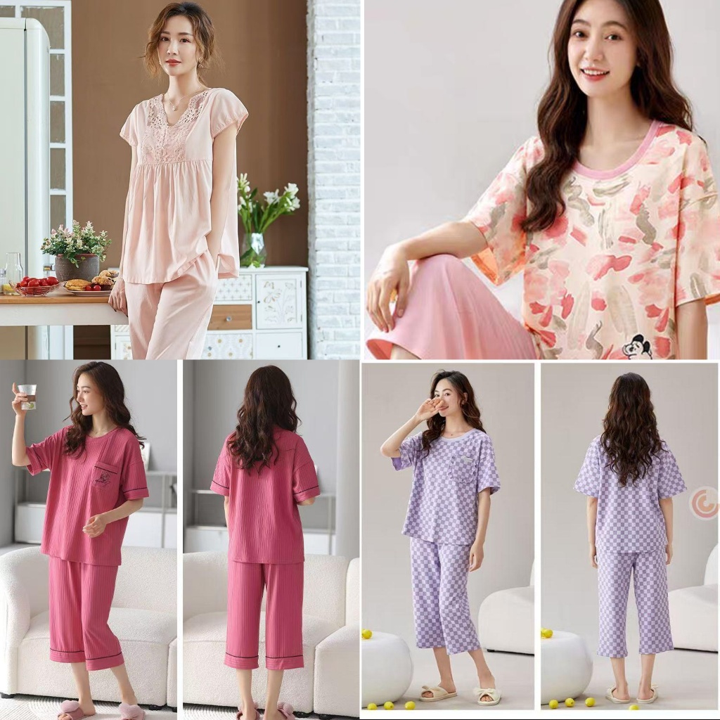 BAJU TIDUR PIYAMA PEREMPUAN CP KAOS KATUN TEBAL HALUS IMPORT BERKUALITAS LENGAN PENDEK SETELAN CELAN