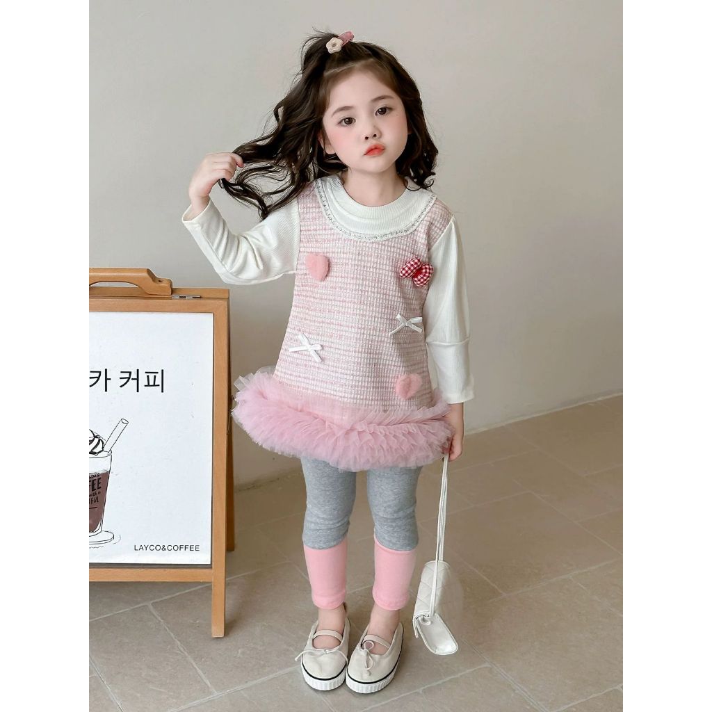 Dress Premium Model 2in1 Anak Perempuan Usia 1-4 Tahun | Baju Lengan Panjang Model Balon Kombinasi O