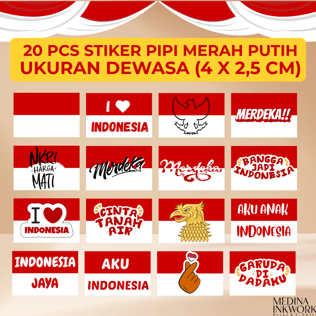 

Stiker pipi merah putih 20 pcs /stiker bendera pipi / Stiker tempel pipi / Ukuran dewasa / Stiker agustusan / Stiker pipi agustusan / Stiker pipi lucu / stiker pipi 17 agustusan / stiker pipi merdeka
