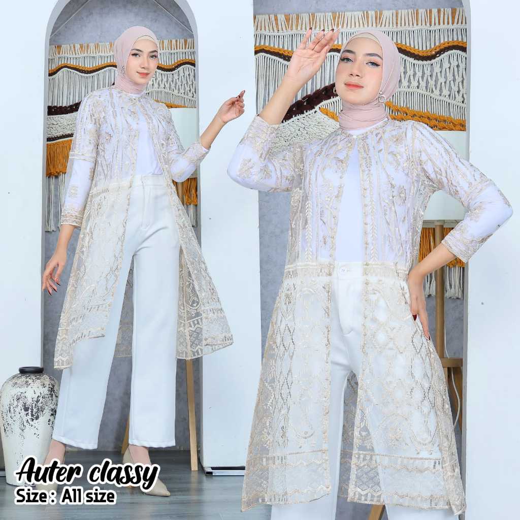 Auter Classy Long Outer Brukat Tile Motif Etnik Cardigan Wanita / Outer Tile