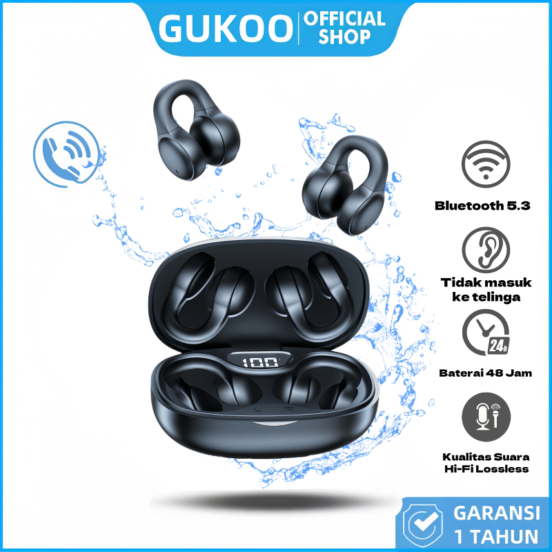 GUKOO Bluetooth Earphone Clip Terbaik - HIFI Bebas Kabel, Nyeraman Telinga, Baterai Tahan Lama - [GU