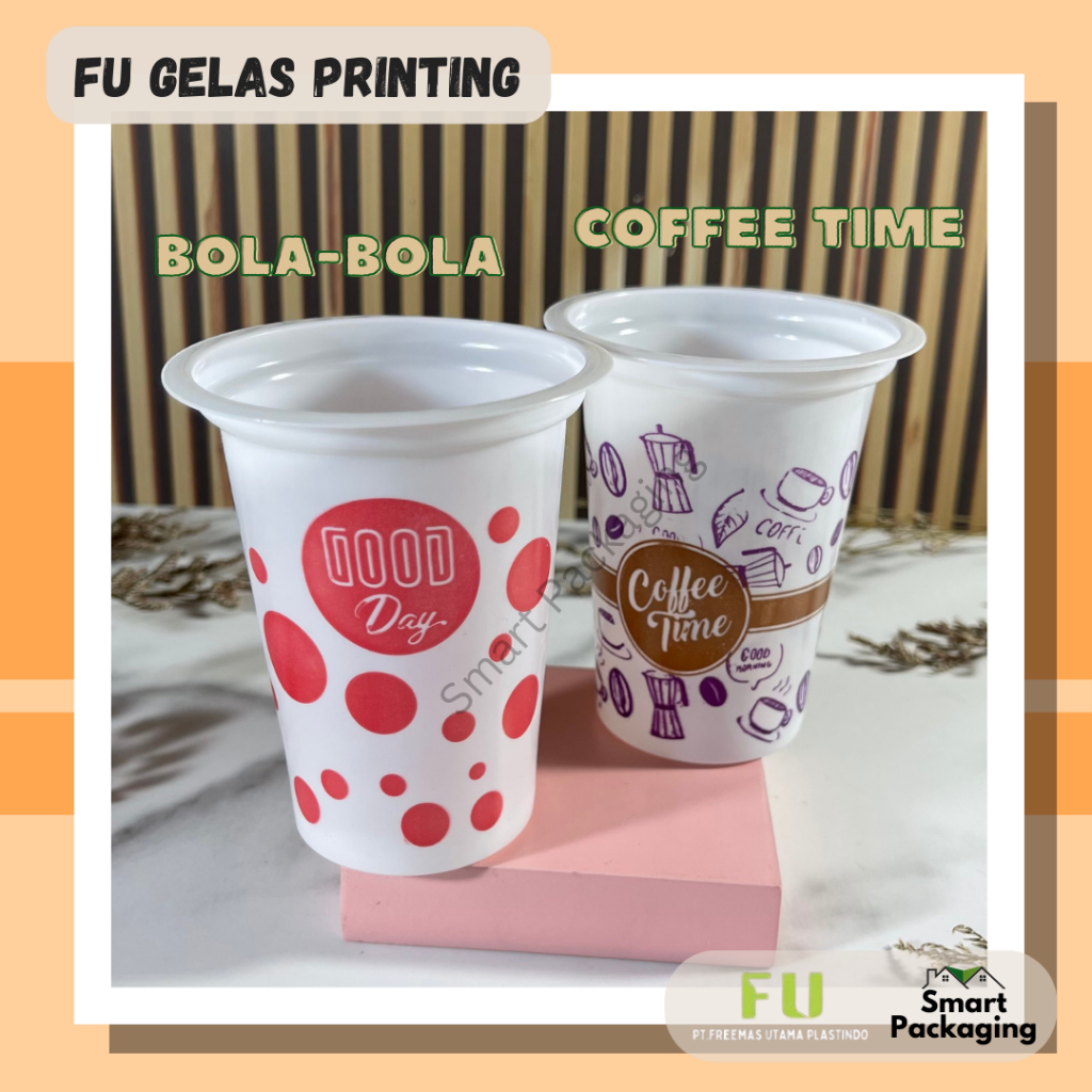 [ISI 50 PCS] FU Gelas Plastik 200ml Printing Bola-Bola Coffee Time Violet / Gelas Pesta Motif Polkad