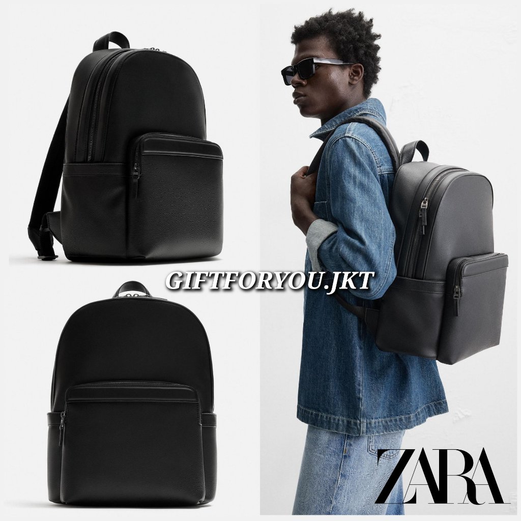 Tas Ransel Zara Man Black Monochrome Texture Backpack With Luggage Strap Black Bag Hitam Original Ta