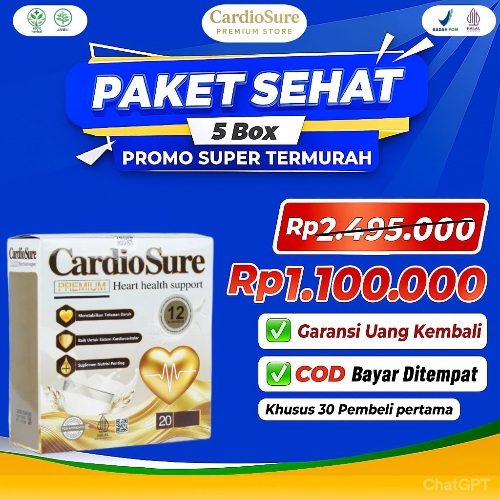 

Paket Hemat 5 Box Cardiosure Premium ® Susu Kesehatan Hipertensi Jantung Kolestrol Asam Urat