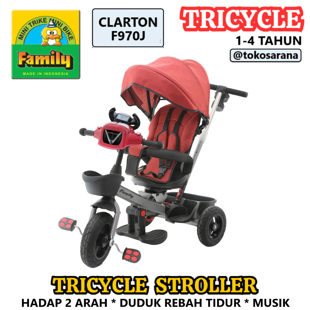 Sepeda Roda Tiga Family F970J Clarton Kursi Putar Ban Karet Sandaran Stroller Sepeda Anak Tricycle