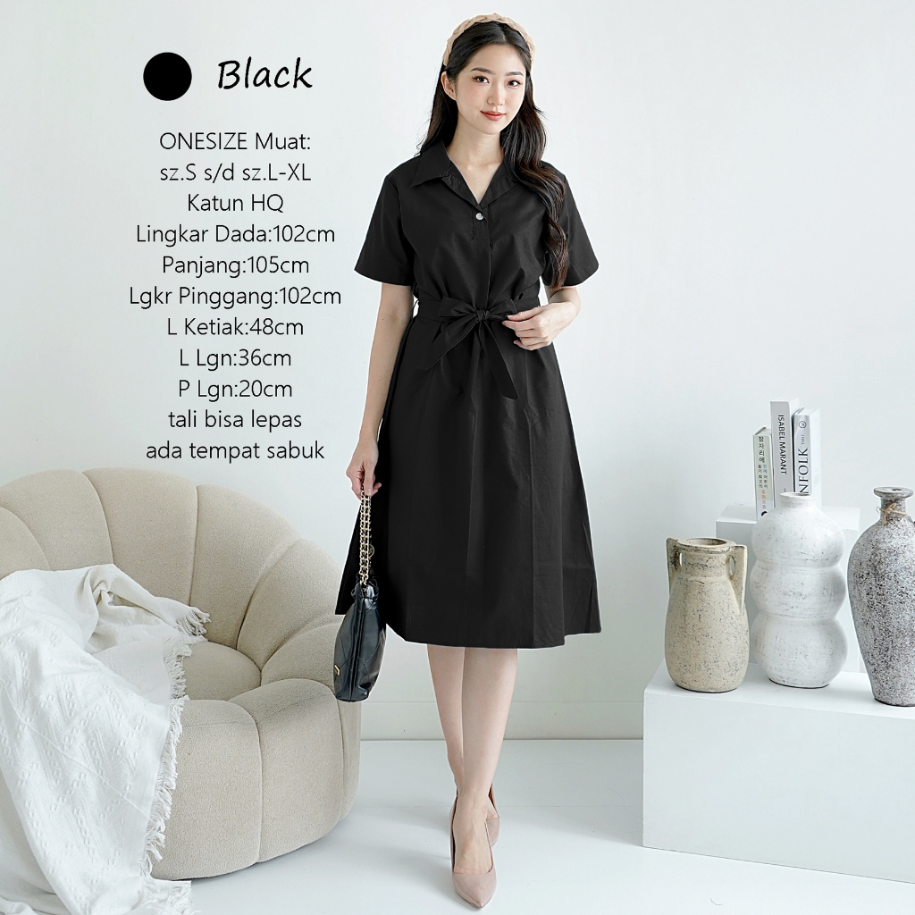 Midi Dress Wanita Modern Korean Style Fit dan Flare Gaun Cewek Remaja Kerah Collar Katun Kekinian