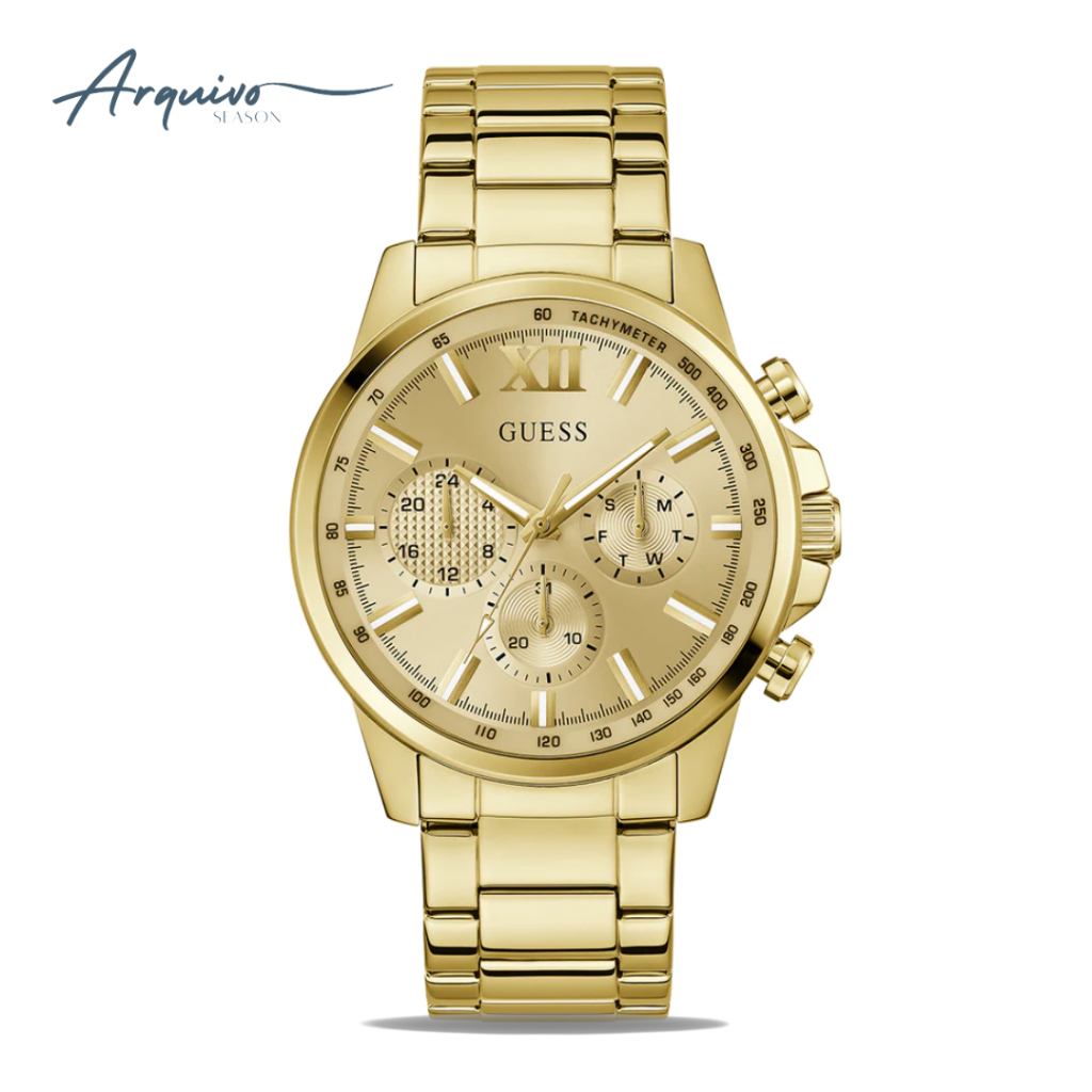 Jam Tangan Pria Guess Walker Chronograph Gold Tone Stainless Steel Champagne Dial Mewah Sporty Origi