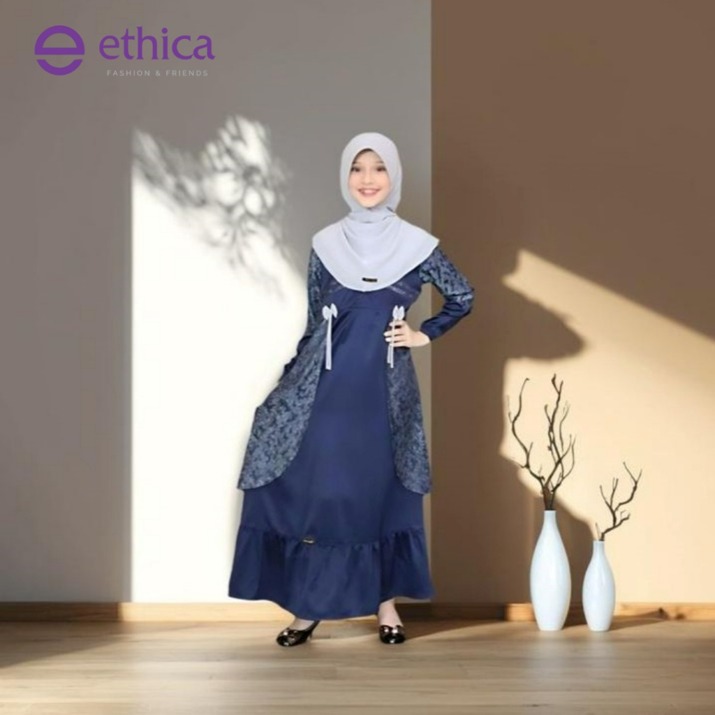 Serba Gamis Anak Muslimah Ethica Kagumi Kids 38 Elfa 101 Navy Gamis Set Hijab SATEEN JUNIMA VENESIA