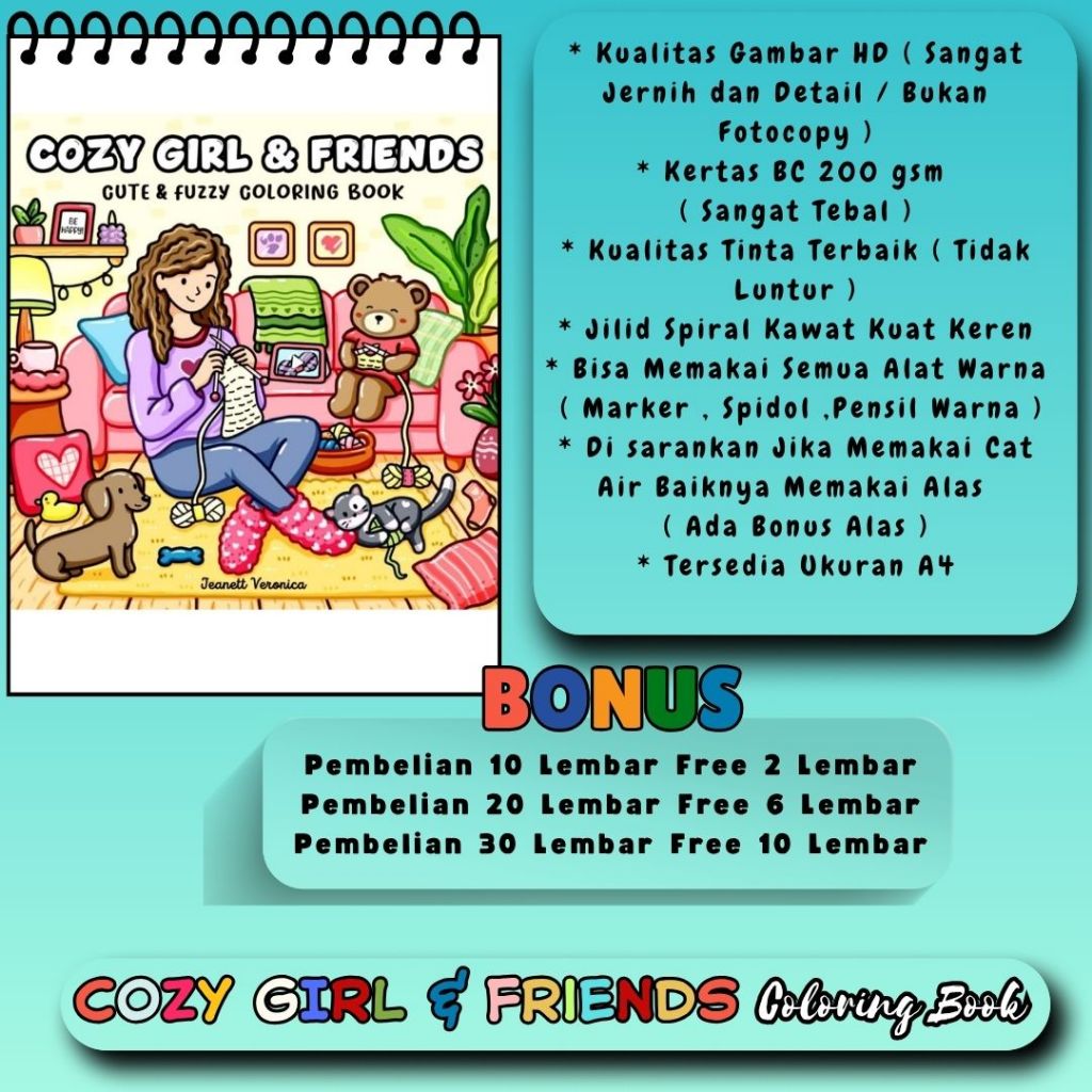 

Buku Mewarnai Tema COZY GIRL AND FRIENDS Comfy - Fuzzy Coloring Book Kertas Sangat Tebal 200 gsm Untuk Anak SD Dewasa Gambar HD Jelas Jernih