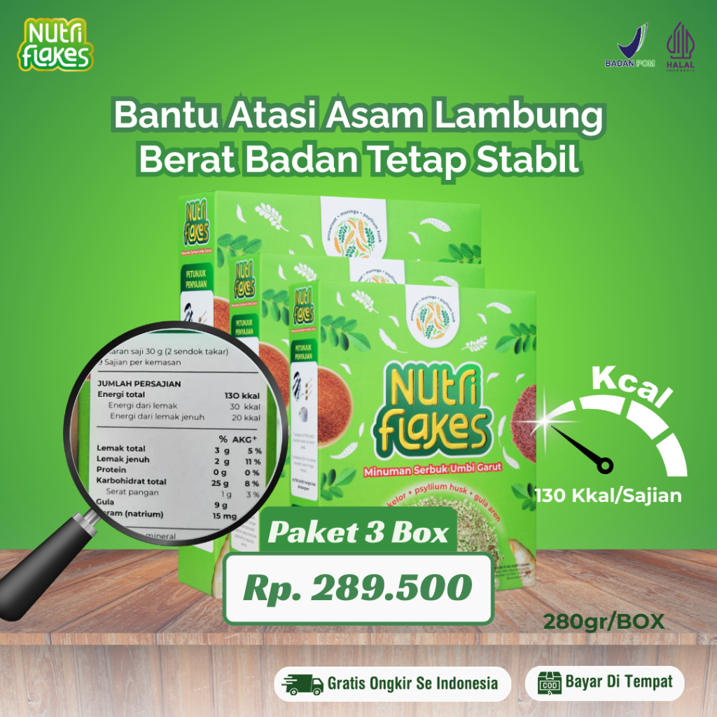 

Nutriflakes Sereal Umbi Garut Ampuh Mengatasi Asam Lambung, Maag dan Gerd 3 Box