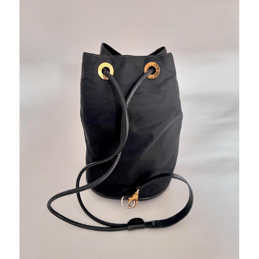 Preloved Original Celine Nylon Shoulder Bucket Bag Black GHW