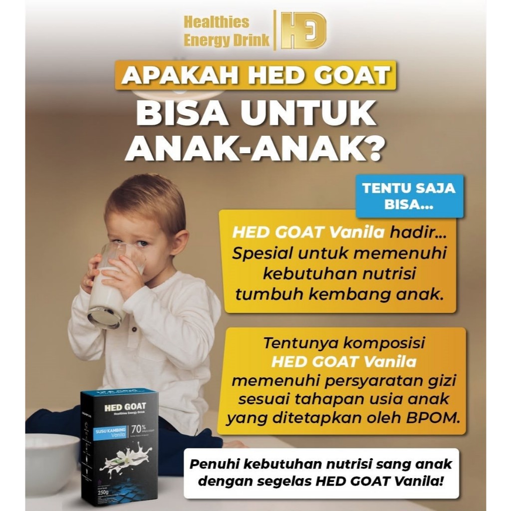 

Hed Goat Vanila, 70 % Susu Kambing Bubuk, Dekat ASI, Probiotik, Tumbuh Kembang Anak Tinggi Kalsium
