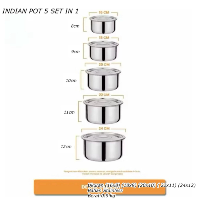 INDIAN POT 5 SET IN 1 || PANCI SERBAGUNA 5PCS || WADAH SAYUR STAINLESS STEEL || PANCI STOCK POT