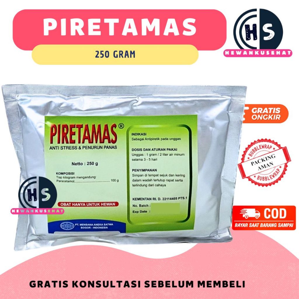PIRETAMAS 250 GRAM – Mensana - Paracetamol Unggas Ayam Vitamin C Sorbitol Penurun Panas Gumboro CRD 