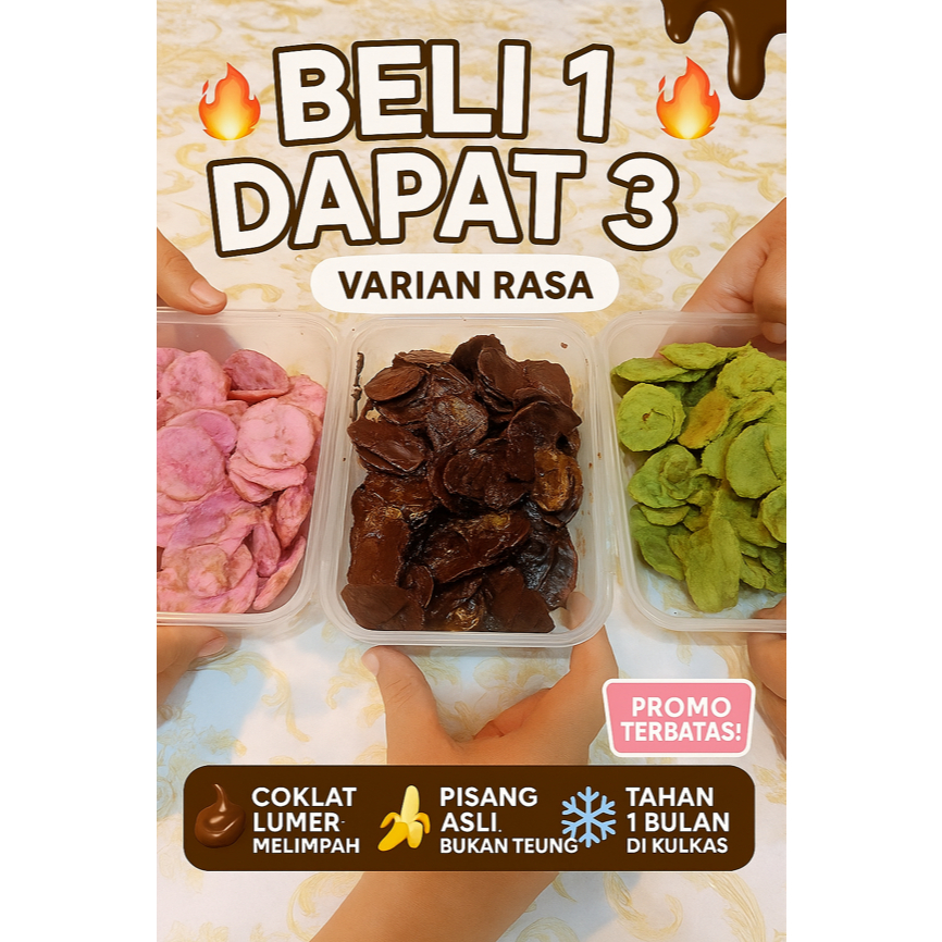 

keripik pisang coklat chips cemilan Renyah manis snack 3 varian rasa paket 3 box 500 ML