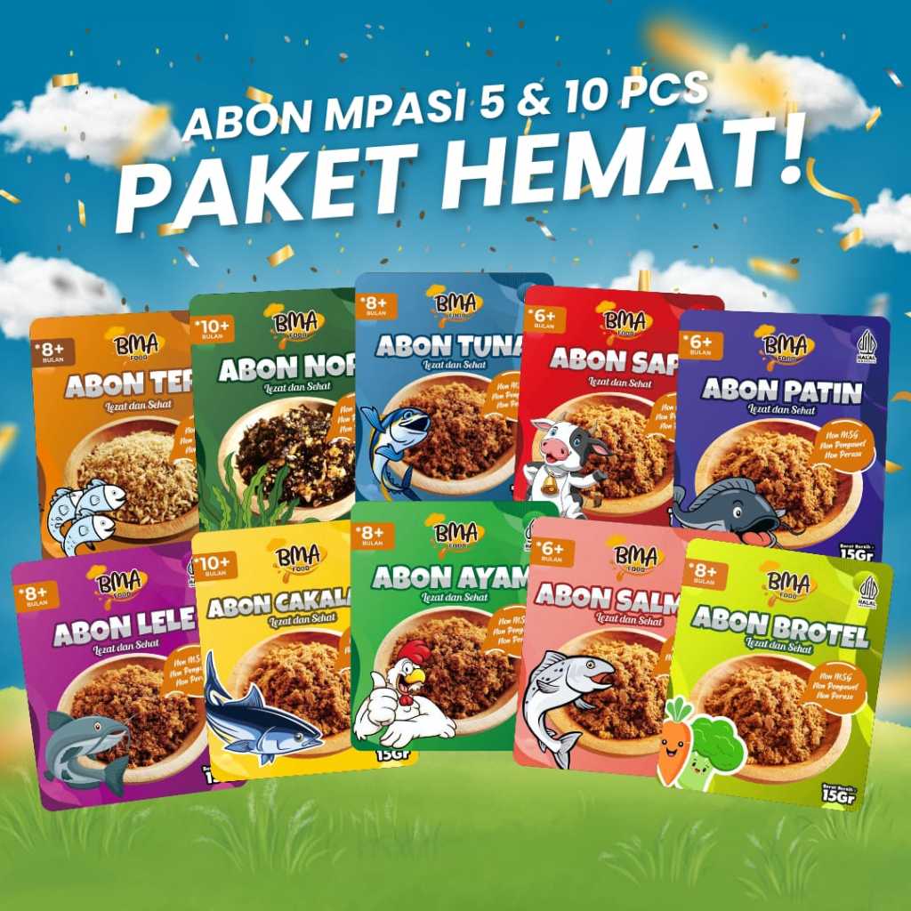 

Paket Hemat 10pcs Abon Mpasi Anti GTM Non Pengawet Usia 6+ 8+ 10+ / Abon Mpasi Booster BB Bayi