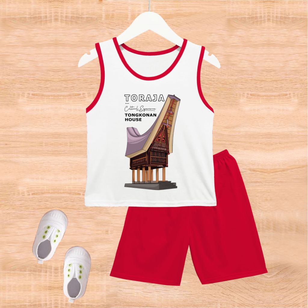 KAOS SETELAN SINGLET ANAK ANAK MOTIF RUMAH TORAJA SABLON DTF