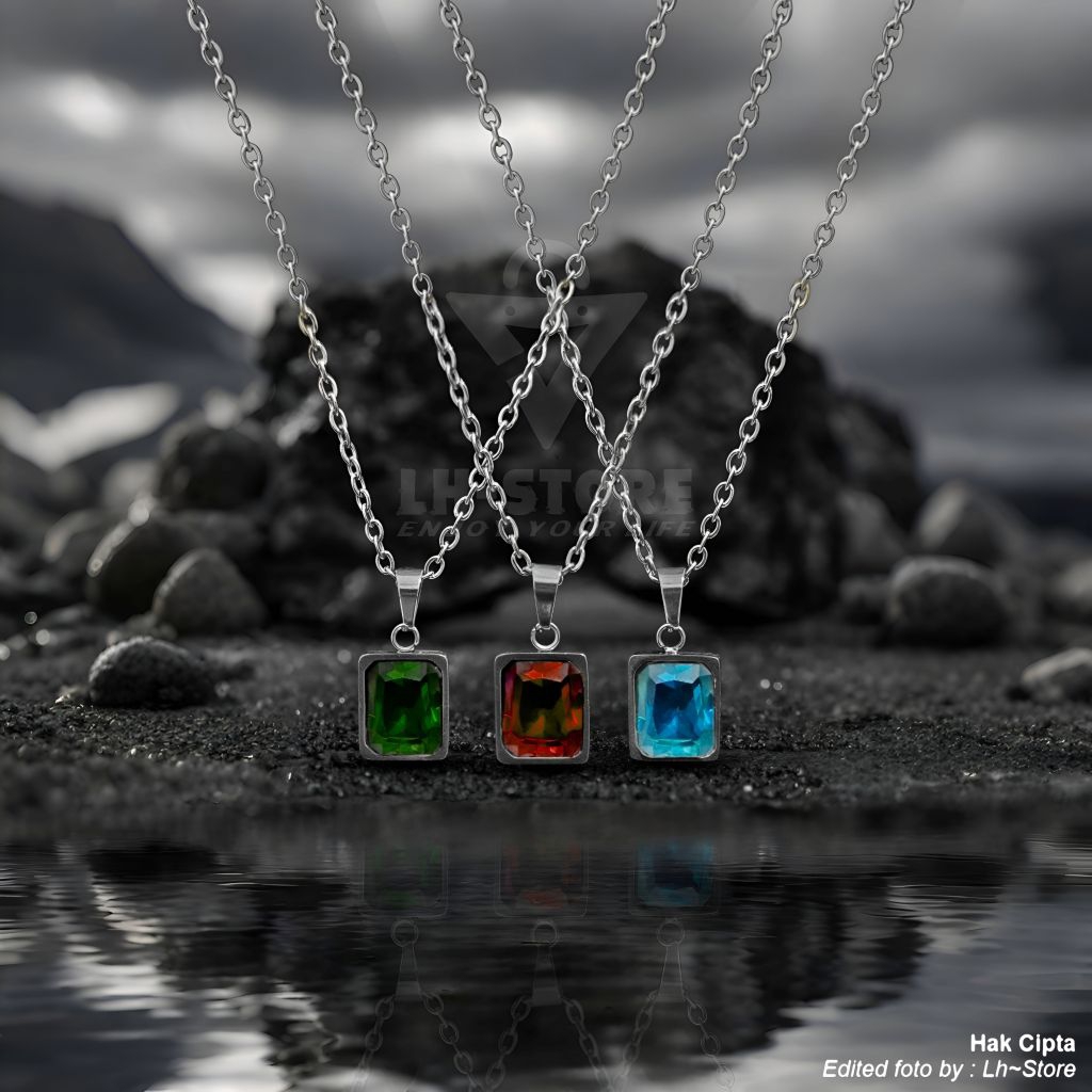 KALUNG STAINLESS STEEL SILVER TAHAN AIR & TAHAN KARAT LIONTIN BATU PERMATA ZAMRUD RUBY SAPPHIRE UNTU