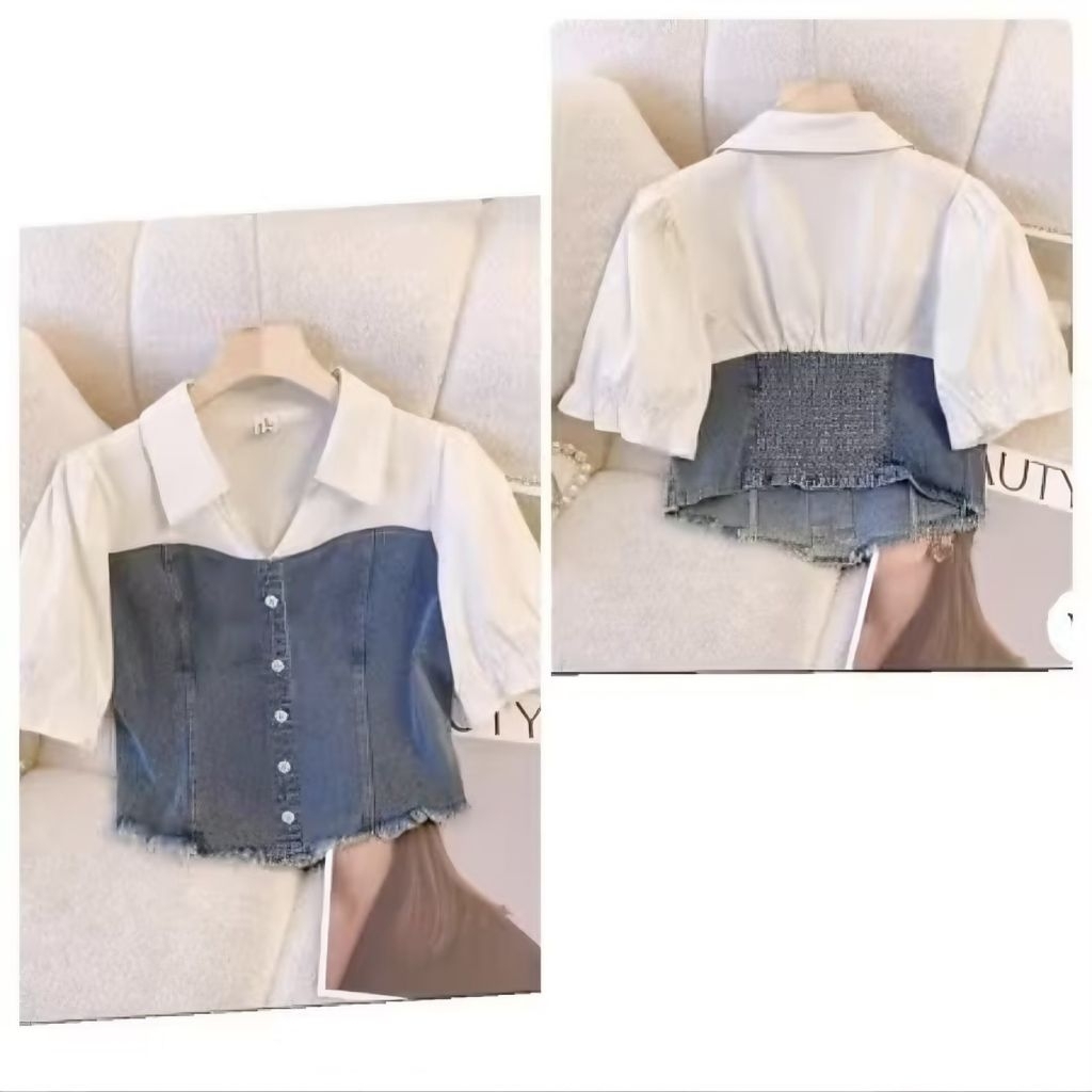 Kemeja Crop Casual Wanita Denim Jeans Lengan Pendek