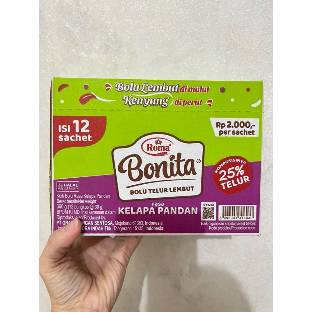 

Roma Bonita bolu telur lembut rasa kelapa pandan, cokelat, keju susu 1 box isi 12 bungkus