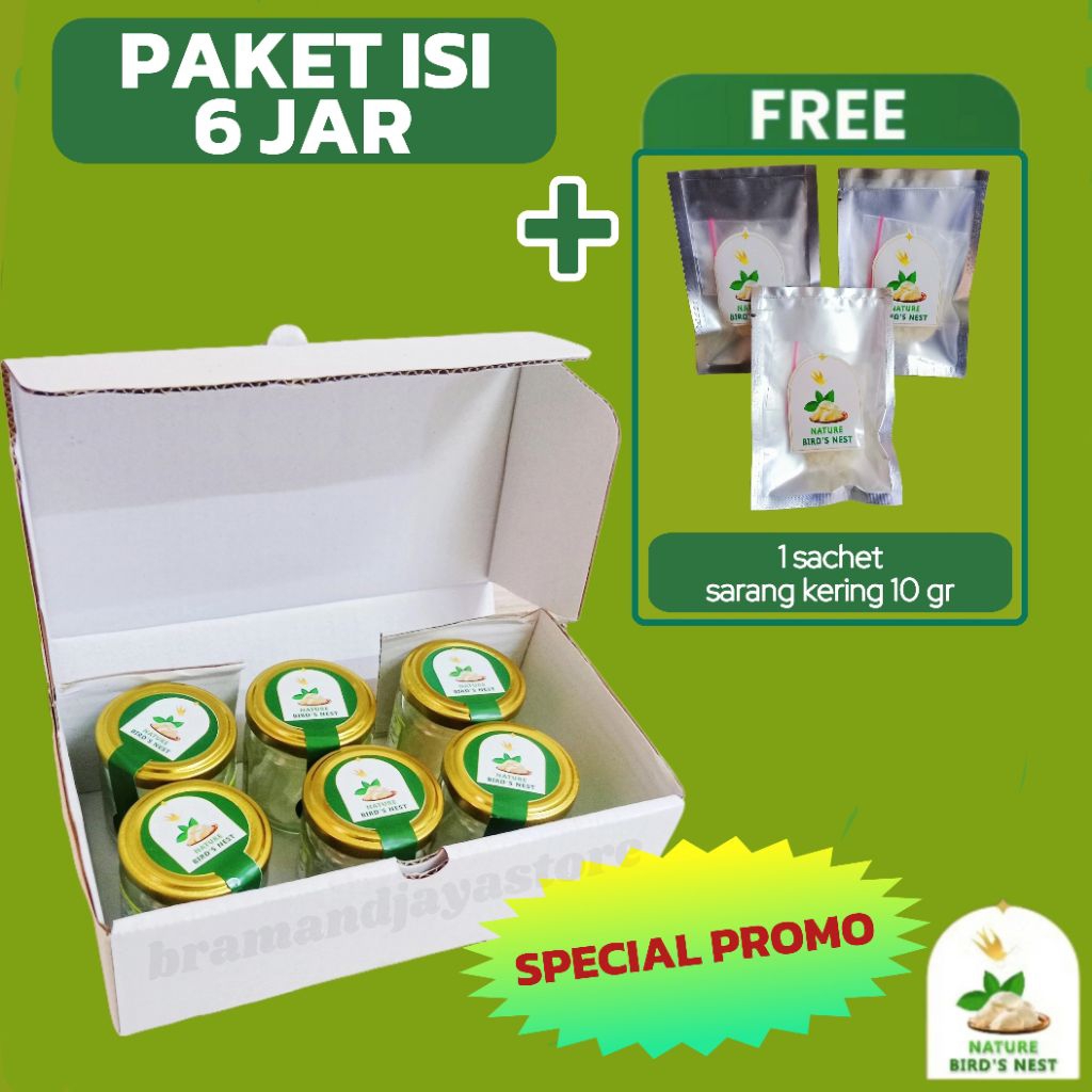 

SPECIAL PROMO | sarang walet kering isi 6jar | free 1bks sarang kering kemasaan sachet