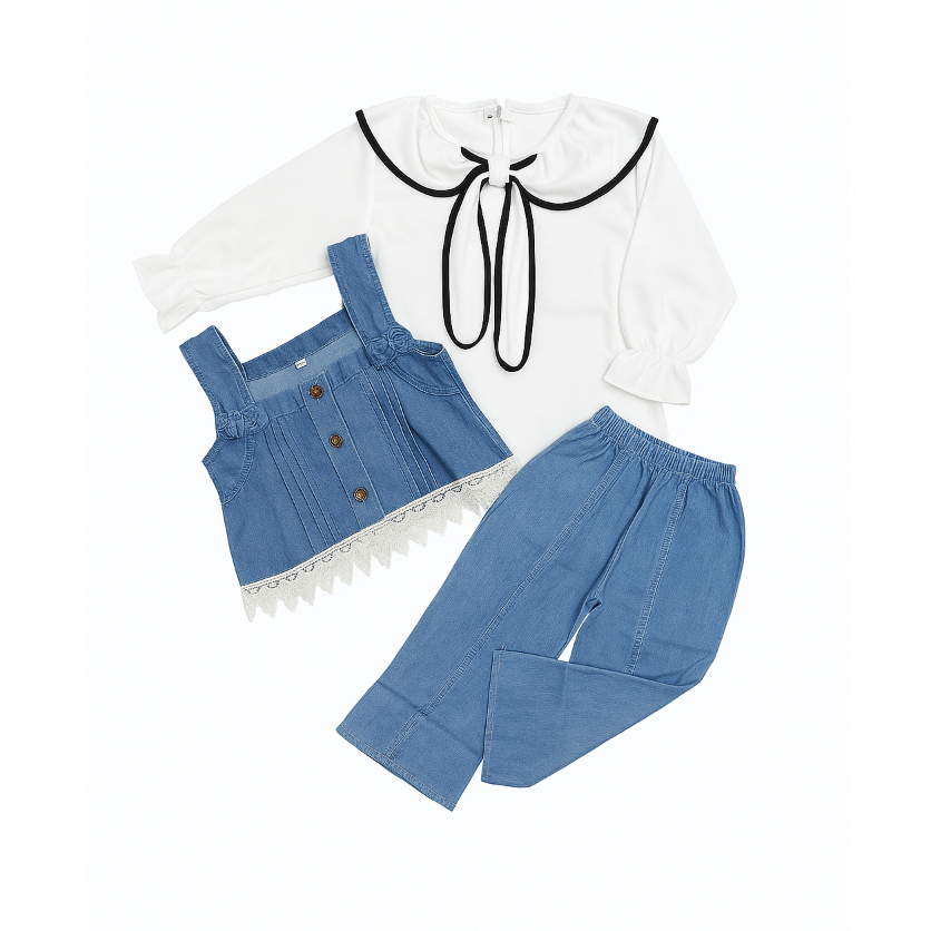 Setelan Baju Rompi Katun Micro Celana  Levis  3 in 1 Anak Perempuan Usia 3 Sampai 12 Tahun