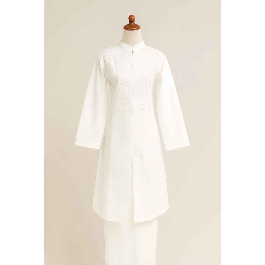 Baju Melayu Katun Bordir Kerah Shanghai - Baju Kurung Modern Brokat Putih Bordir Motif Bunga Long Dr