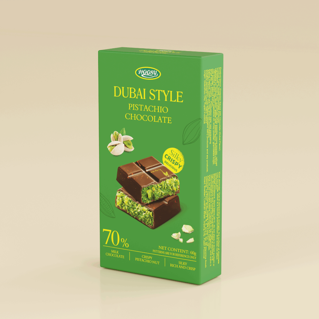 

Cokelat HOOSY Dubai, Cokelat Pistachio Kelapa, Rasa Hazelnut, Cokelat Buatan Tangan Murni