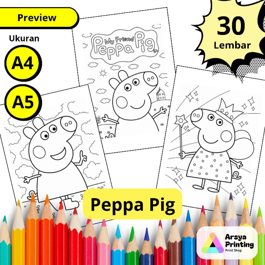 

30 Lembar Kertas Mewarnai Anak Tema Peppa Pig Ukuran A4 A5