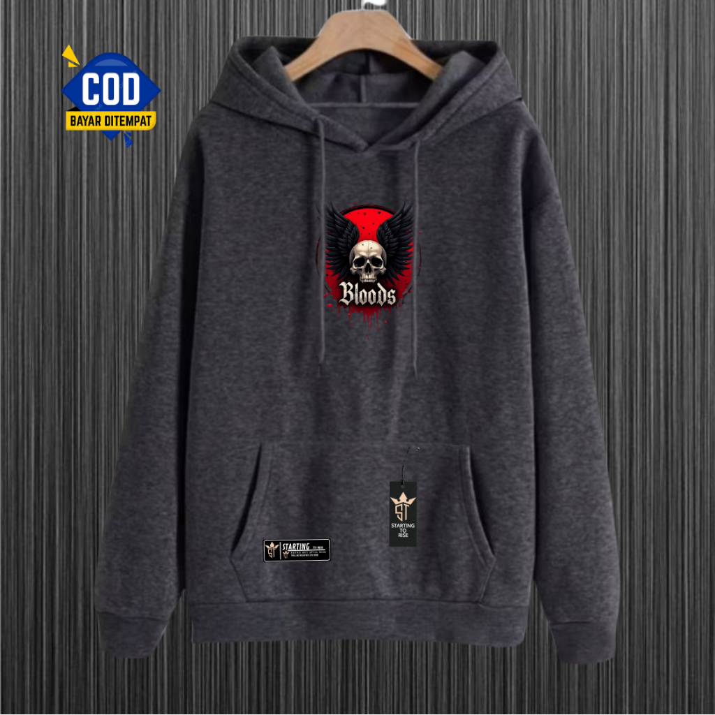 Hoodie Sweater Pria Distro Terbaru Sablon Tengkorak Bloods Premium Hodie Switer Aesthetic Bahan Katu