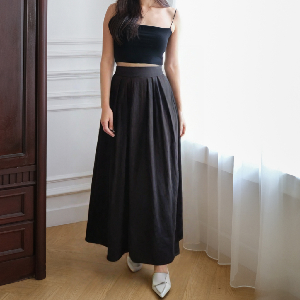 Prizona - Rok Panjang Wanita Basic Maxi Skirt Premium Rok Linen Putih Panjang Korean Style