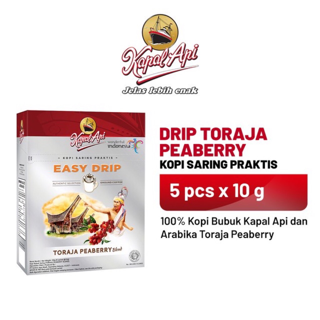 

KAPAL API DRIP ARABICA TORAJA PEABERRY (5PCS X 10G) | BUBUK KOPI DEGAN DRIP BAG | KOPI SARING PRAKTIS
