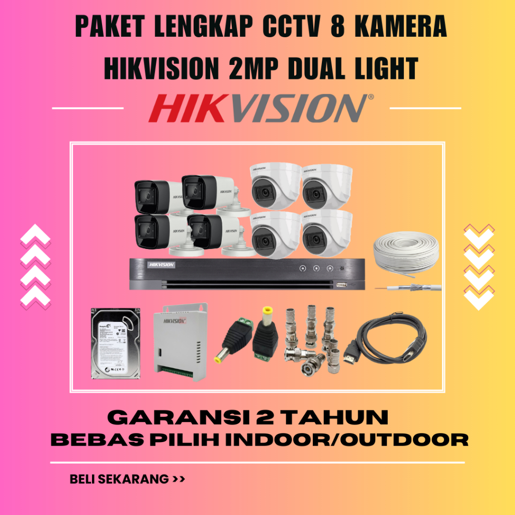 PAKET 8 KAMERA HIKVISION 2MP DUAL LIGHT DVR 8 CHANNEL CCTV PROMO LENGKAP SIAP PASANG