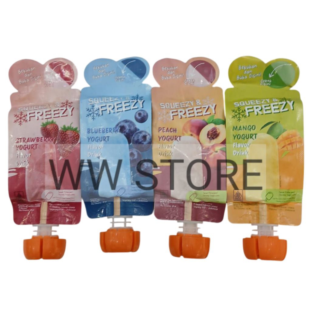 

Minuman yogurt rasa buah stroberi bluberi mangga persik halal MUI SQUEEZY & FREEZY Strawberry Blueberry Peach Mango Yoghurt Flavor flavour drink 65ml