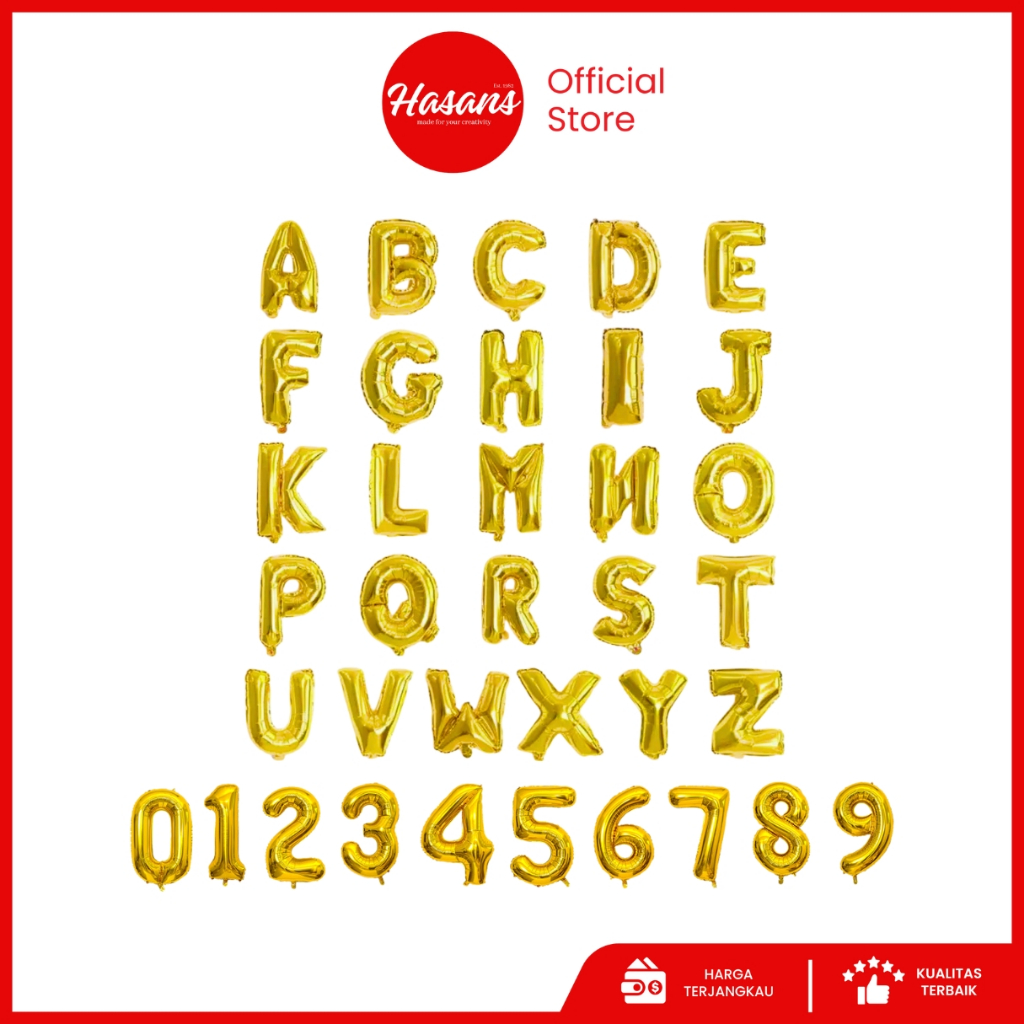 Hasans / [50 Pcs] Balon Foil Huruf 80Cm Emas / Balon Foil Angka 80Cm Emas / Balon Ulang Tahun / Balo