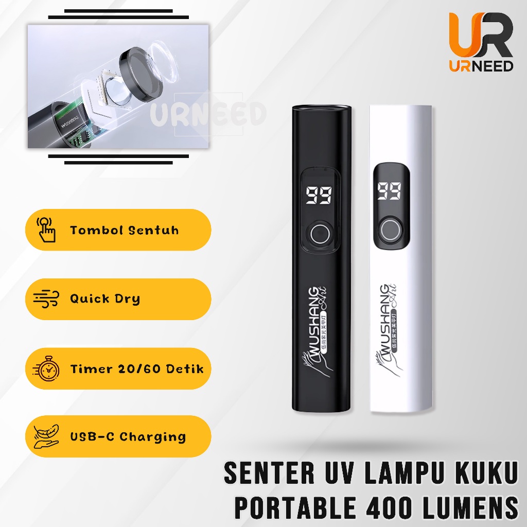 Senter UV Lampu Kuku Portable 400 Lumens Wushang UV Nail Lamp Rechargeable Type C