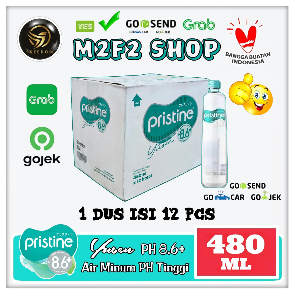 Air Mineral Pristine Yusen pH8.6+ Botol Beling | Kaca - 480 ml Kemasan Karton (Khusus Bluebird/Gosen