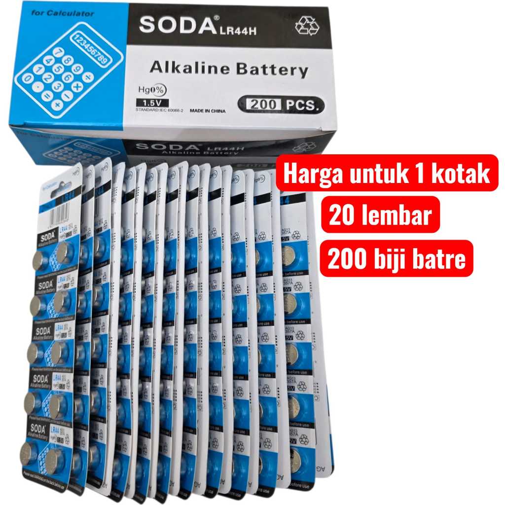 ( 20 LEMBAR 200 BIJI ) baterai SODA LR 44 / AG14 1154 batre kalkulator battery mainan grosir lr44