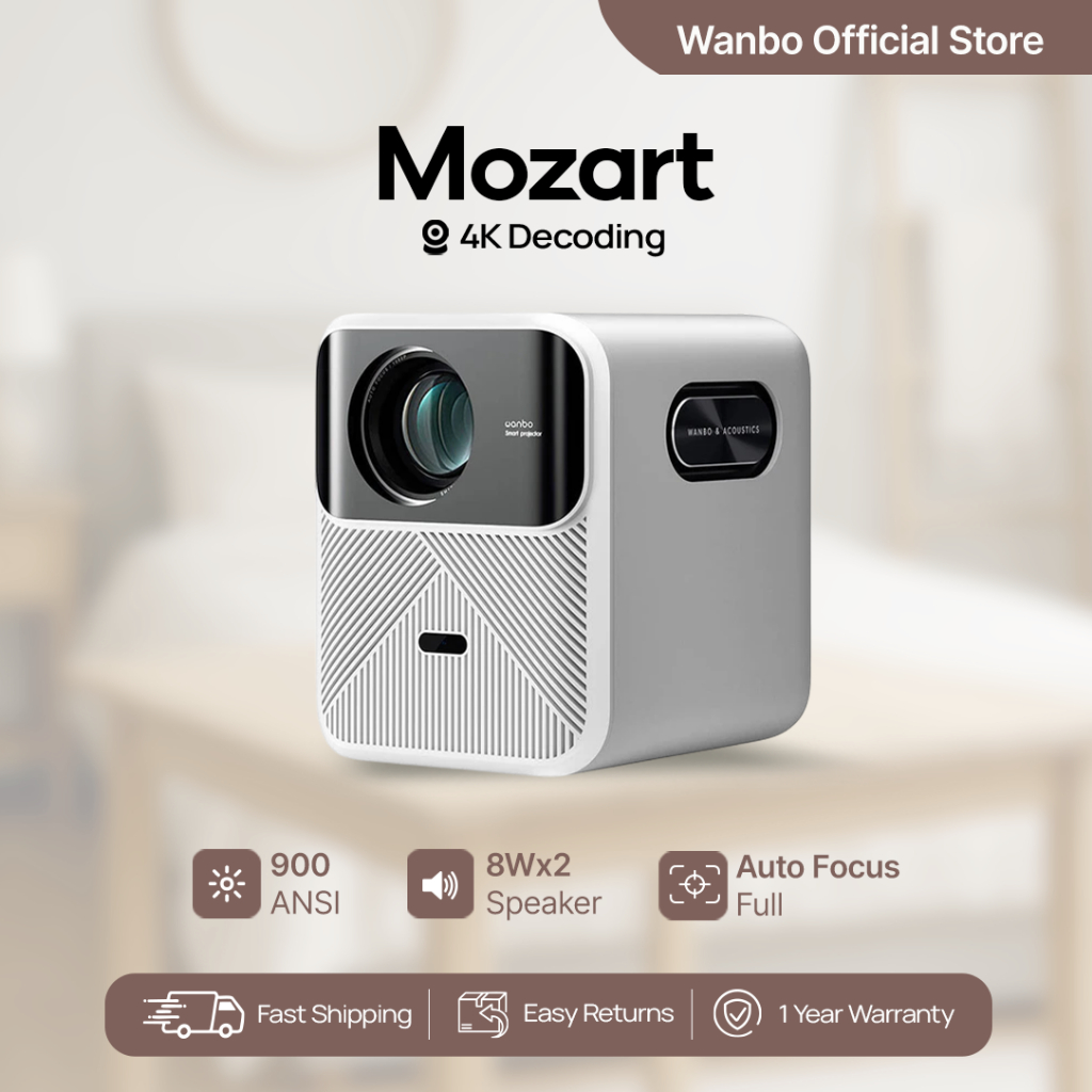 Wanbo Mozart Proyektor Smart Full HD 1080p 900 ANSI Lumens dengan Fokus Otomatis dan Koreksi Keystone