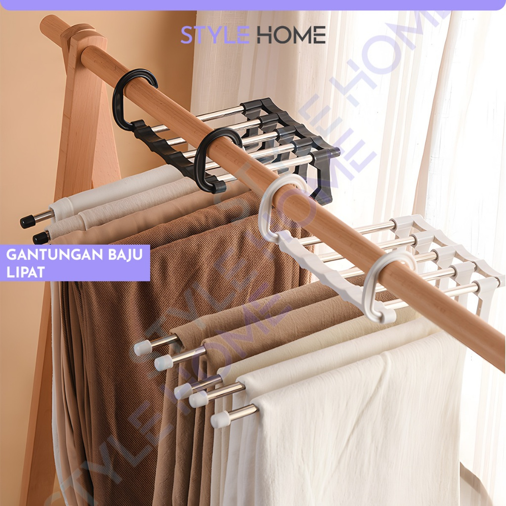 Gantungan Magic Hanger Celana Jilbab Hijab Lipat 5 in 1 Multifungsi Bahan Besi Stainless