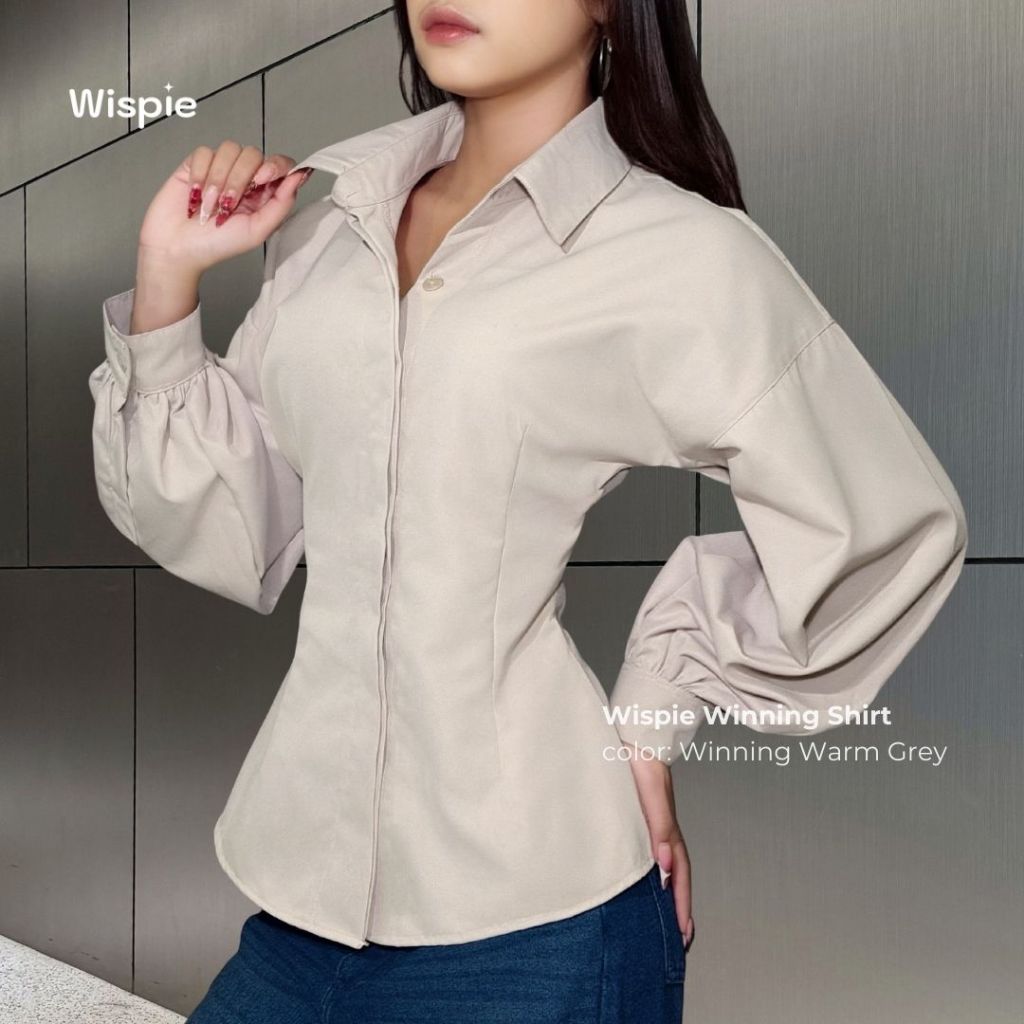 Wispie Winning Shirt | Kemeja Fitted Blouse Lengan Panjang Wanita Warm Grey Hitam