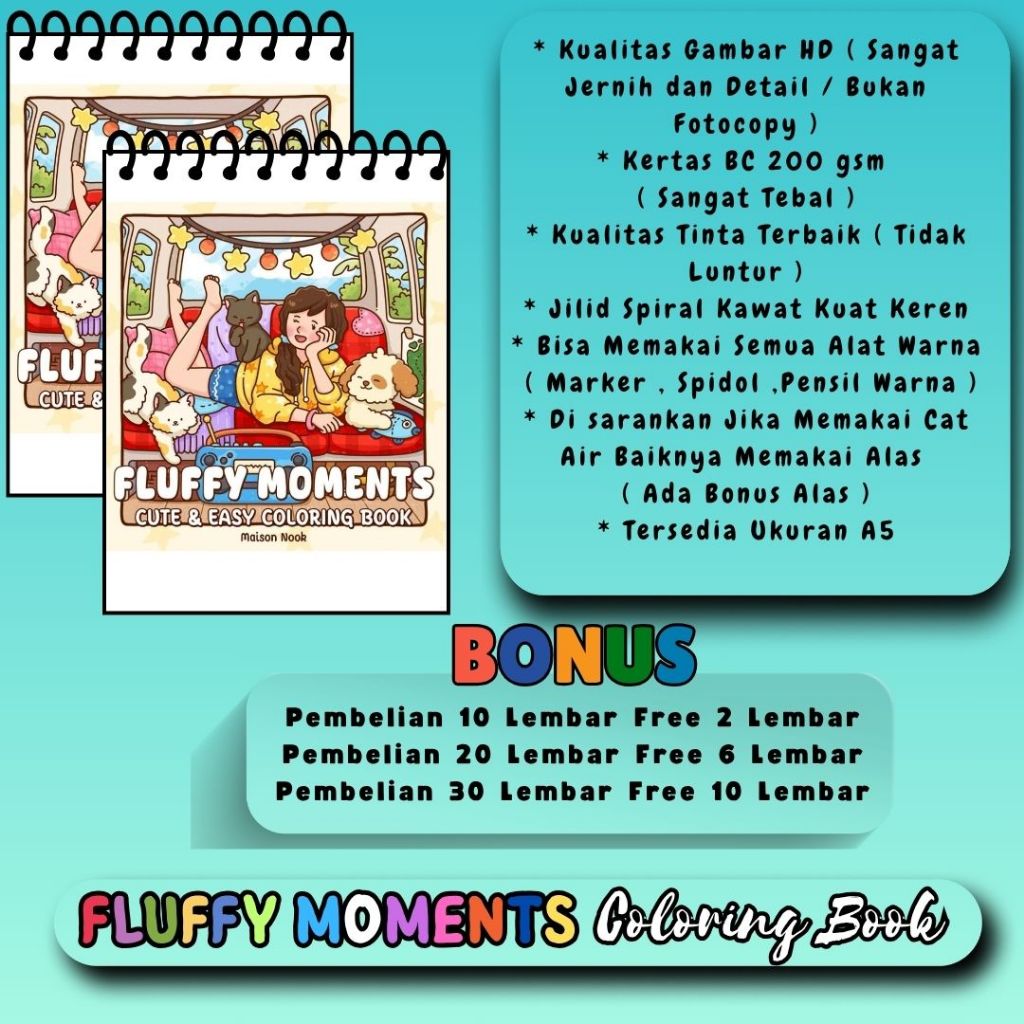 

Buku Mewarnai Tema FLUFFY MOMENTS Cute And Easy Coloring Book Untu Anak SD Remaja Dewasa Gambar Jelas Jernih Sudah HD Kertas 200 gsm Sangat Tebal