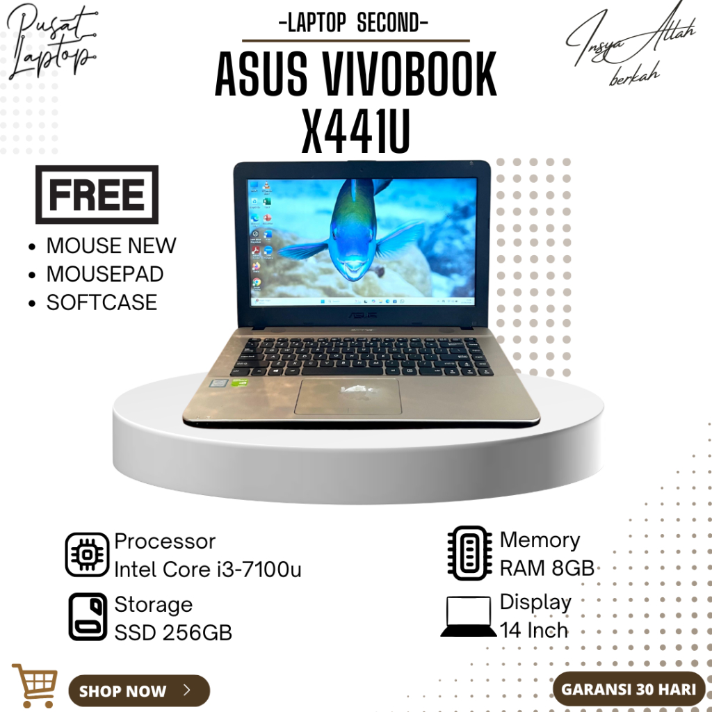 LAPTOP ASUS VIVOBOOK X441U SECOND | INTEL CORE I3 GEN 7 | RAM 8GB | SSD 256GB | NORMAL | BERGARANSI