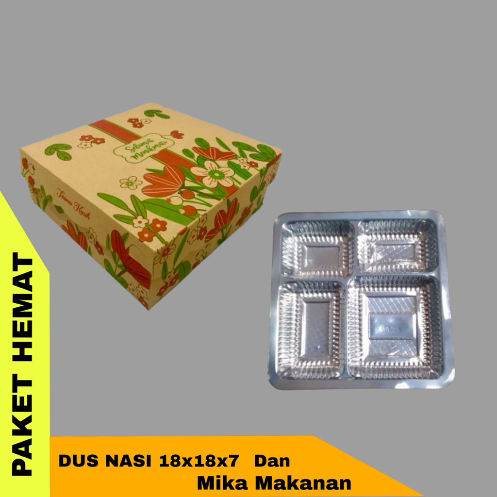 PAKET DUS NASI MOTIF DAN MIKA MAKANAN | KARDUS NASI UK 18x18x7 | MIKA SEKAT 4 |