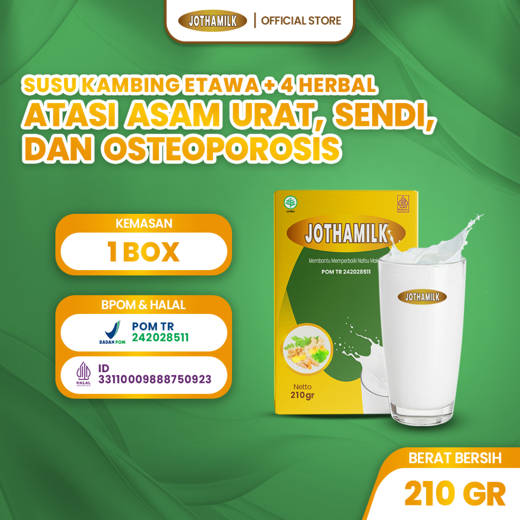 

Jothamilk Susu Kambing Etawa 210gr – Susu Herbal untuk Asam Urat, Nyeri Sendi & Osteoporosis