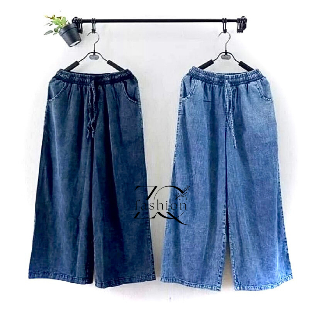 termurah kulot jeans pinggang karet - celana jeans kulot wanita full pinggang karet tali serut