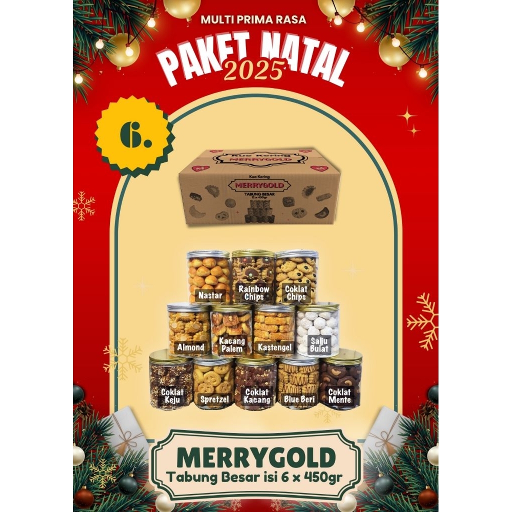 

Merrygold Cookies Natal Tabung isi 12×450gr Kue Kering Parcel Hampers