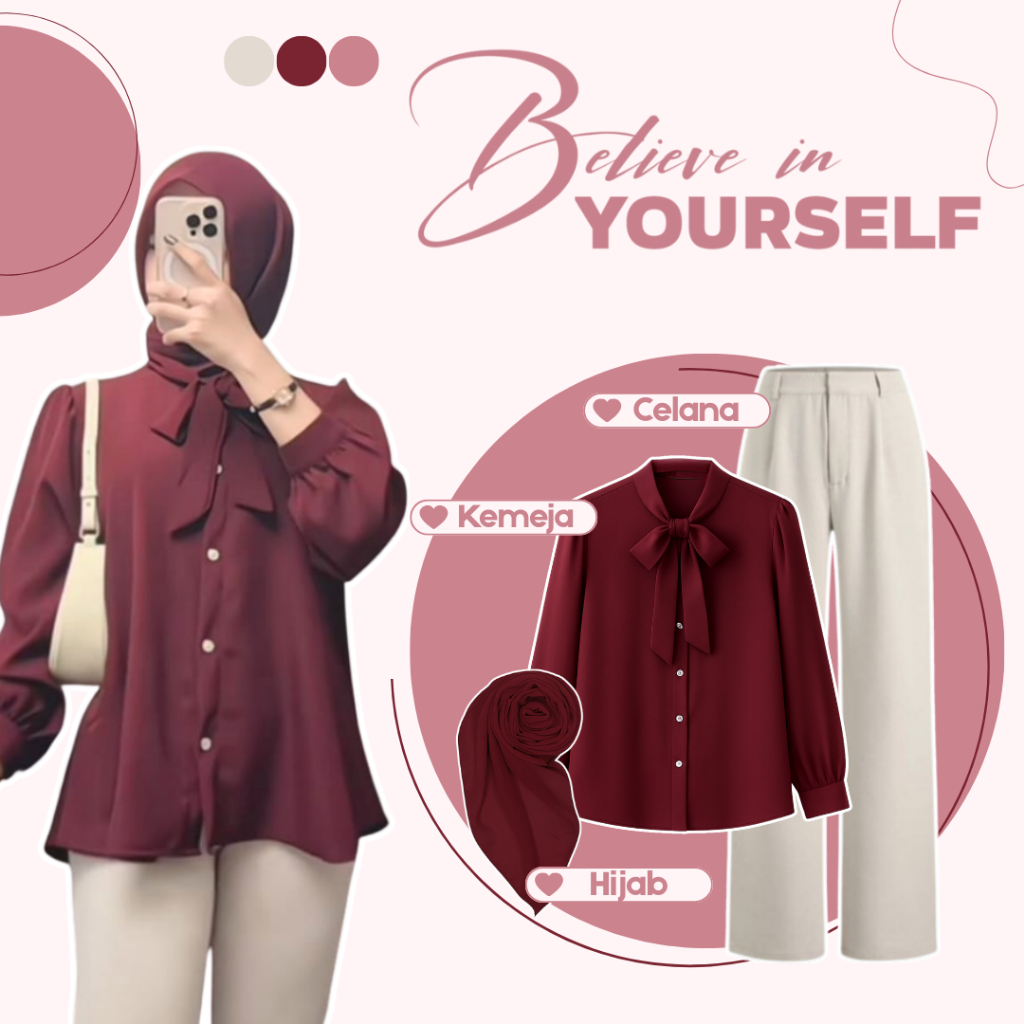 Outfit Maroon Style 3in1 ( Kemeja Polos  - Celana Kulot - Hijab ) Setelan Wanita Kekinian - MM117N