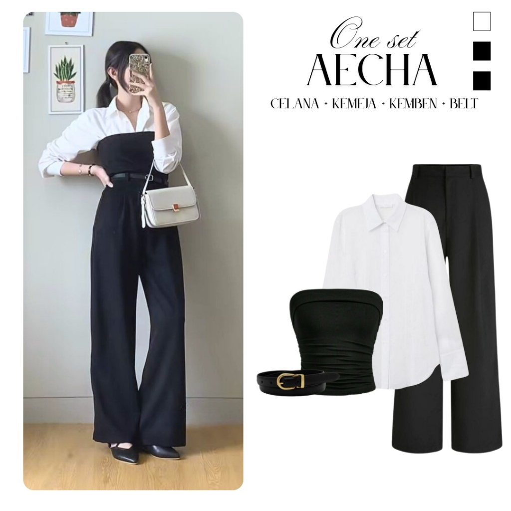 Outfit Korea Kekinian( Kemeja, Kemben, Celana, Ikat Pinggang) Aeca One Set Remaja Wanita Casual Ootd