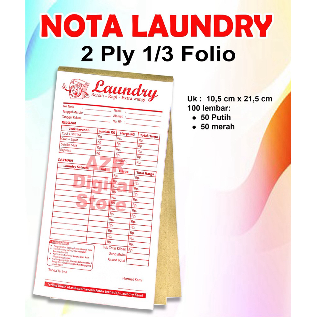 

NOTA LAUNDRY 2 ply 1/3 Folio Isi 100 Lembar